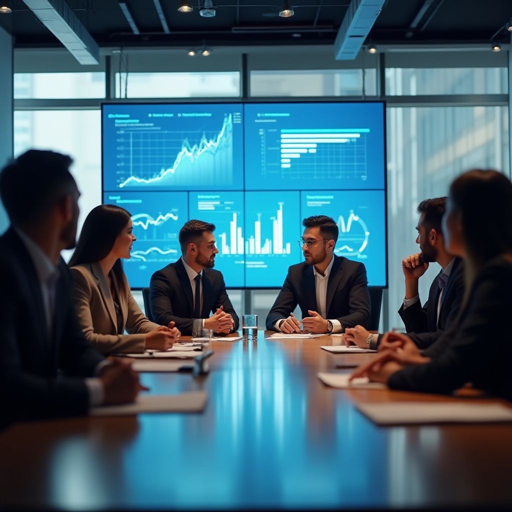 Equipo de consultores de FinanExpert en reunión estratégica