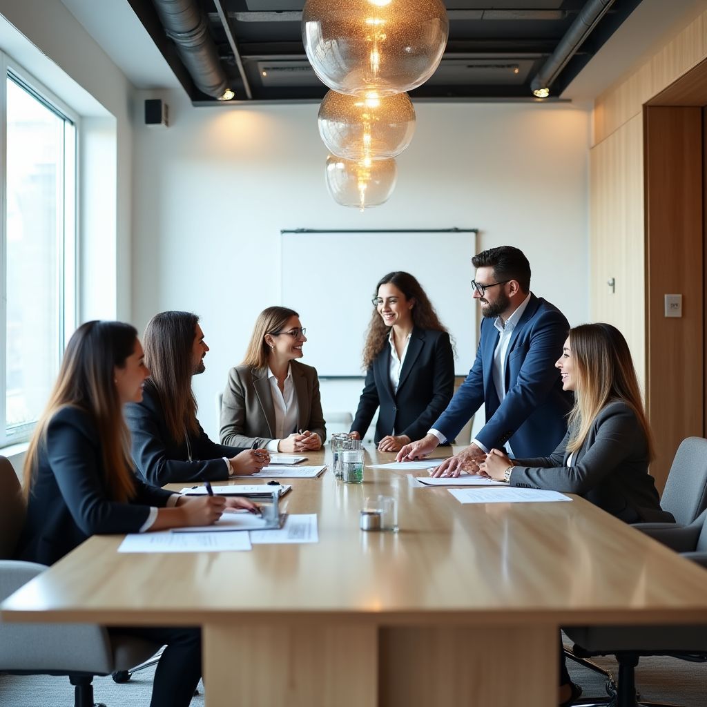 Oficina moderna de consultoría financiera con equipo trabajando